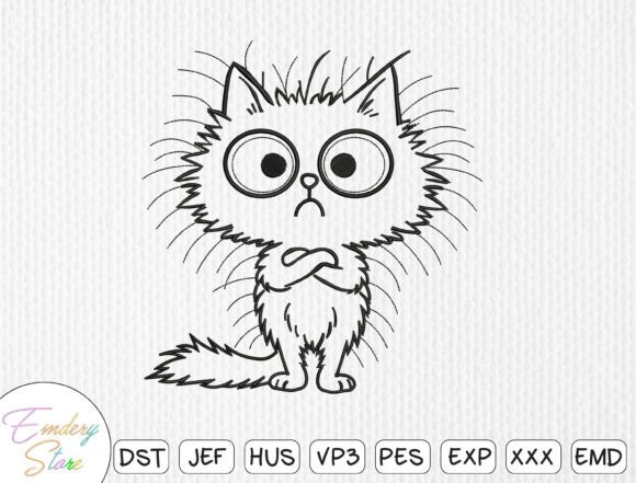 Funny Angry Cat Line Art Embroidery